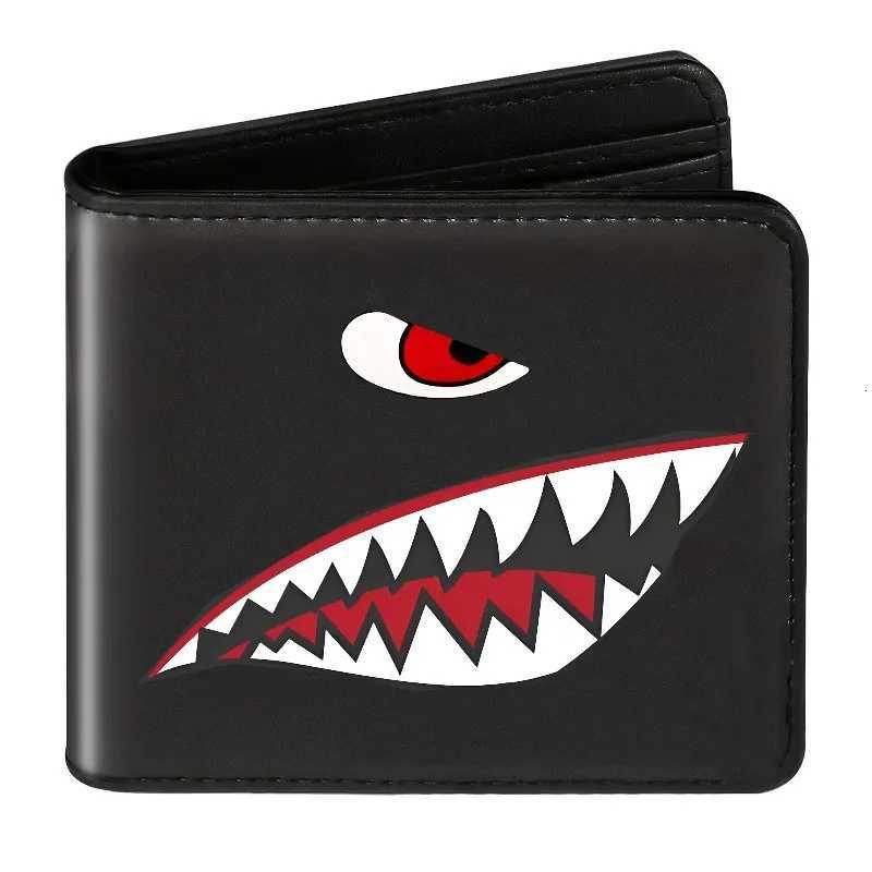 Mens Black Faux Leather Wallet with Shark Mouth Design Slim Credit Card Holder Coin Purse Multi-Color Pen Storage Perfect GiftW251120