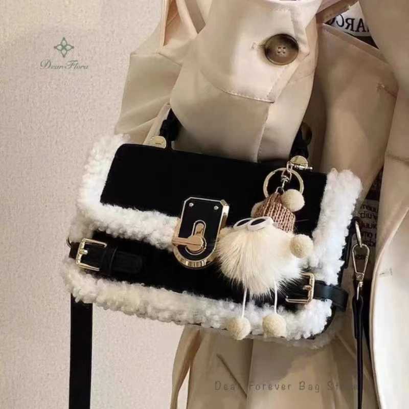 Wens Fi Lamb Wool Shoder Bags Autumn Winter New Handbag Cute Pahwork Purse Messenger Bag Casual Crossbody Bags Y251120