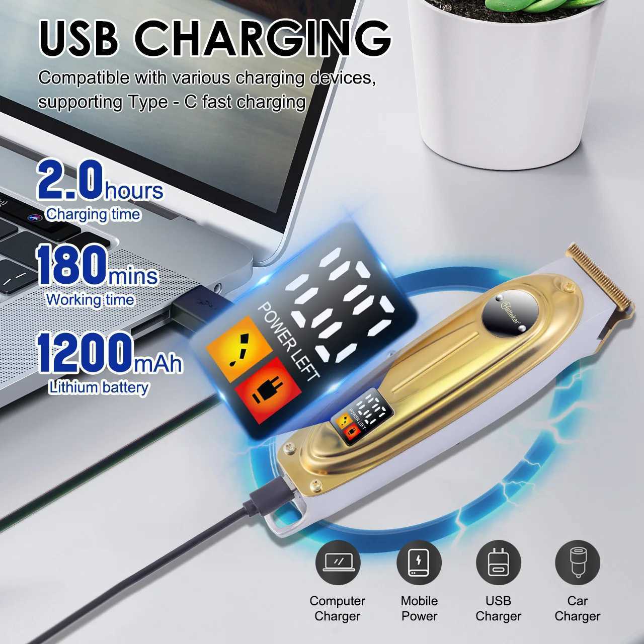 Hatteker Golden Professional Hair Trimmer LED Display Metal Hair Clipper USB Charging Electric Mens Hair Clipper Grooming KitT251120