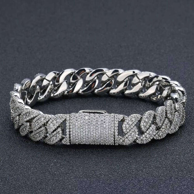 NUOYA Custom Iced Out Dia Hip Hop Fashion Jewelry Sier Plated 14MM Miami Cuban Link Bracelet