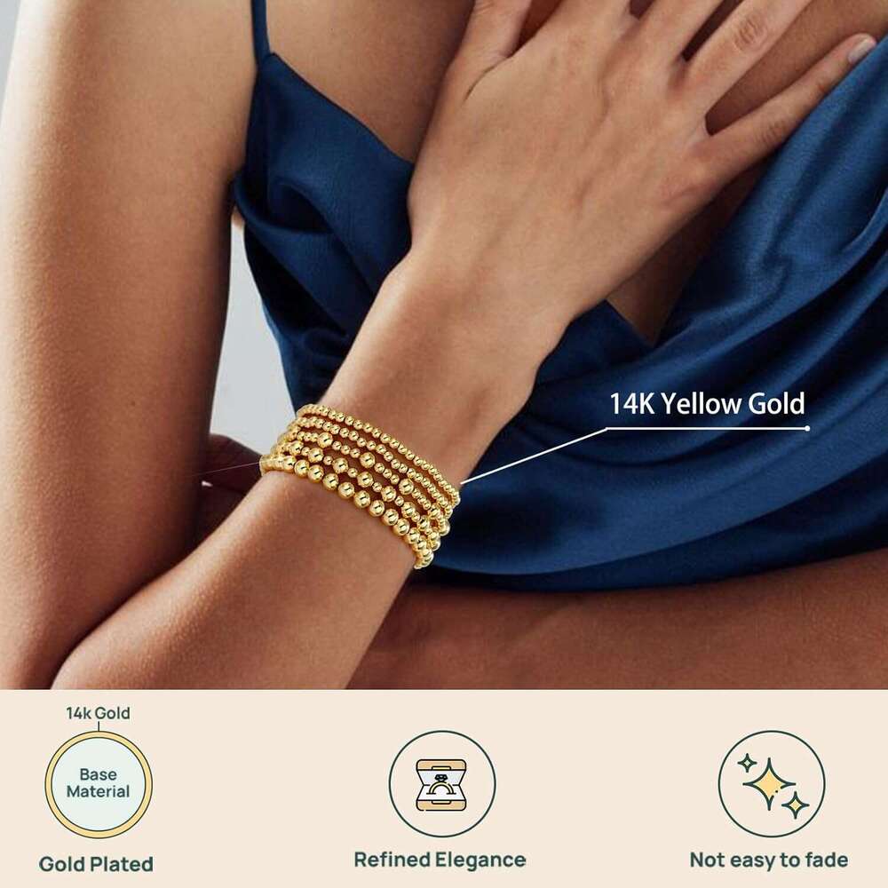 Women, 14K Plated Beaded Bracelets Gold Strand Bead Ball stack Adjustable Bracelet Set Jewelry for Gifts