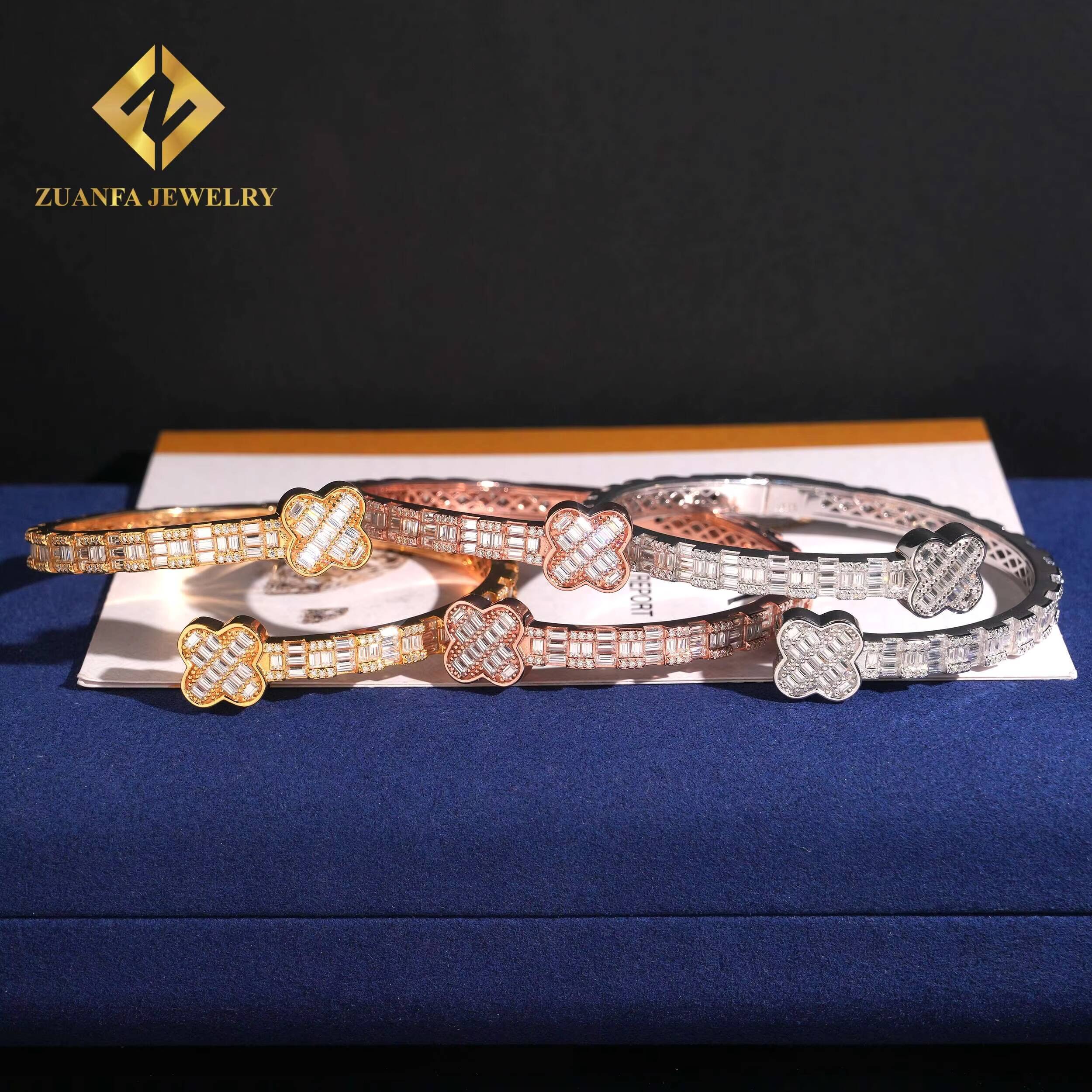 Luxury Jewelry 925 Sterling Silver Ajustable Openable Clover Four-Leaf Flower Bangle Bracelets Baguette Diamond Vvs Moissanite