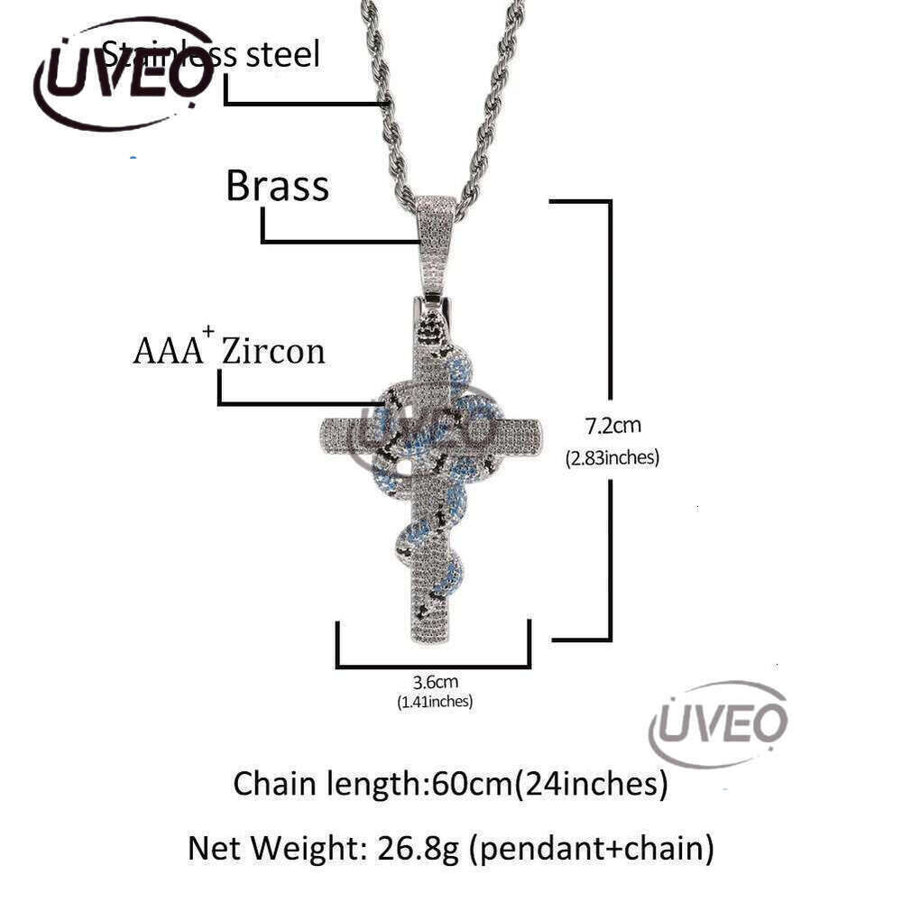 Luxury designer Ice Out VVS Moissanite Cross Necklace Retro Snake Pendant Hip Hop Necklace Jewelry for Stylish Men Free shipping