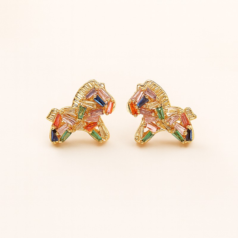 Colorful Crystal Zircon Horse Stud Earrings for Women, Luxury High-End 2025 Autumn Winter New Fashion Versatile Earrings, Perfect Gift Choice H260202