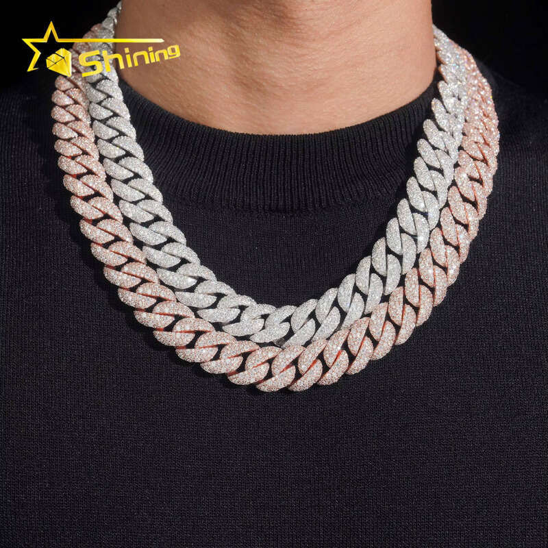 Hip Hop Accessories Men's 15mm Rose Gold Mosaic Set Silicon Stone Sier Cuban Chain