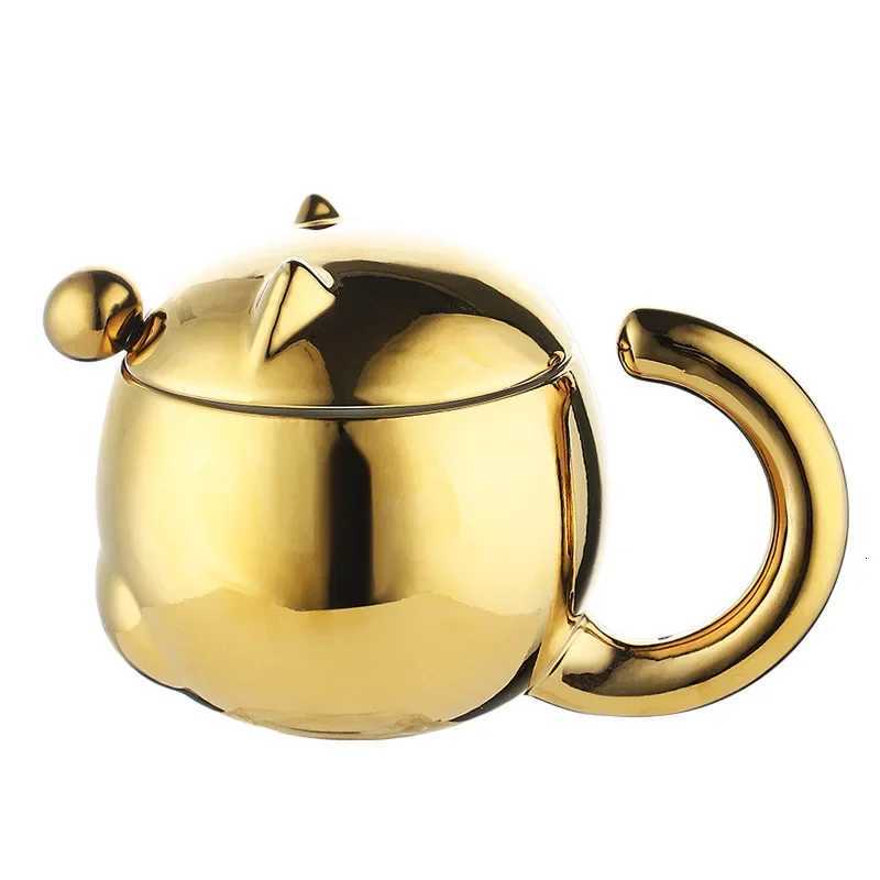 330ML Ceramic Couple Cup Gold Silver Creative Mug Water Cup Female Spoon With Lid Cartoon Coffee Cup Give Friends Gift Y251119