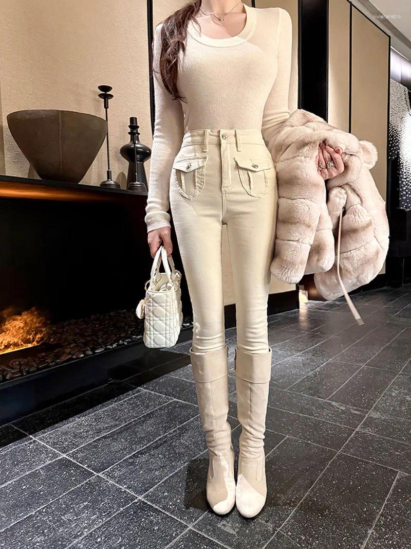 Women's Jeans Fleece Winter Elegant For Women Vintage Spicy Girl Low Waist Workwear Slim Fit Leg Length Casual Pants 2025 Summer Z260313