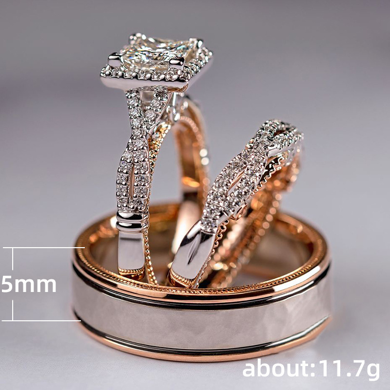Rose gold 3-piece ring set with diamonds, cubic zirconias and full diamonds Men women couple rings High quality gold designer diamond ring engagement  - view 3