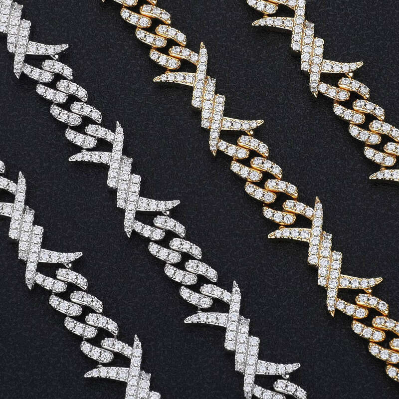 10mm Hip Hop Punk Sterling Sier Iced Out Barbed Wire Knot Thorn Moissanite Cuban Link Chain