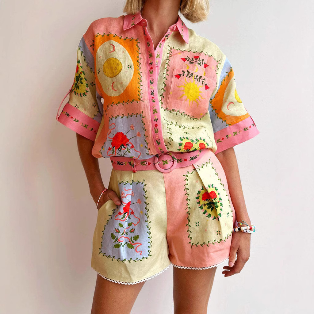 2025 New Two pieces Shorts Set Leisure Fashion Linen Temperament Shirt Girl Printed shirt Top Fashion Clothes
