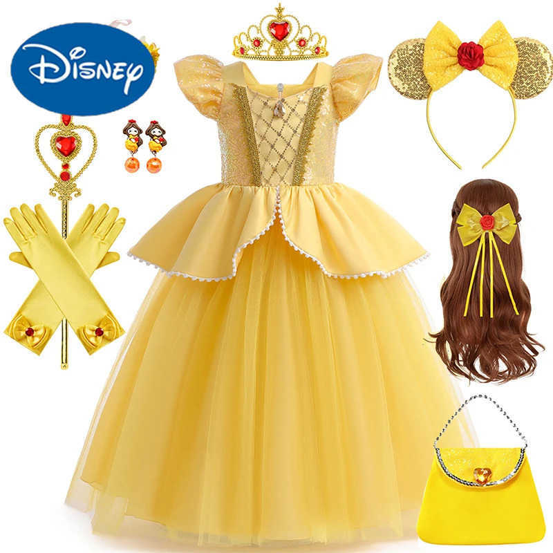 Disney 2024 Girl Belle Dress Up Flower Childrens Party Princess Costume Childrens Beauty and Beast Halloween Carnival CostumeXJ250420