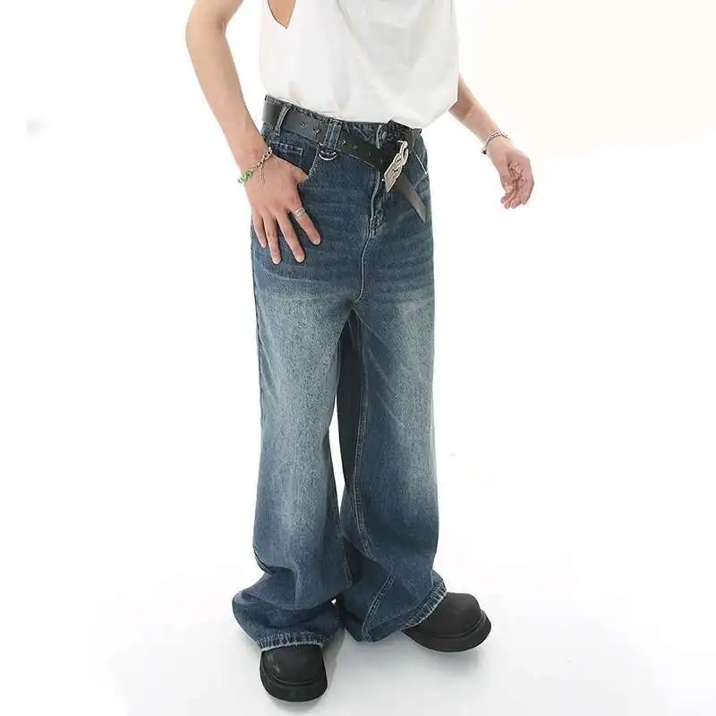 IEFB Spring Trendy Jeans Metal Ring Male Gradient Color Washed Straight Denim Pants Wide Leg Casual 9C354 251218