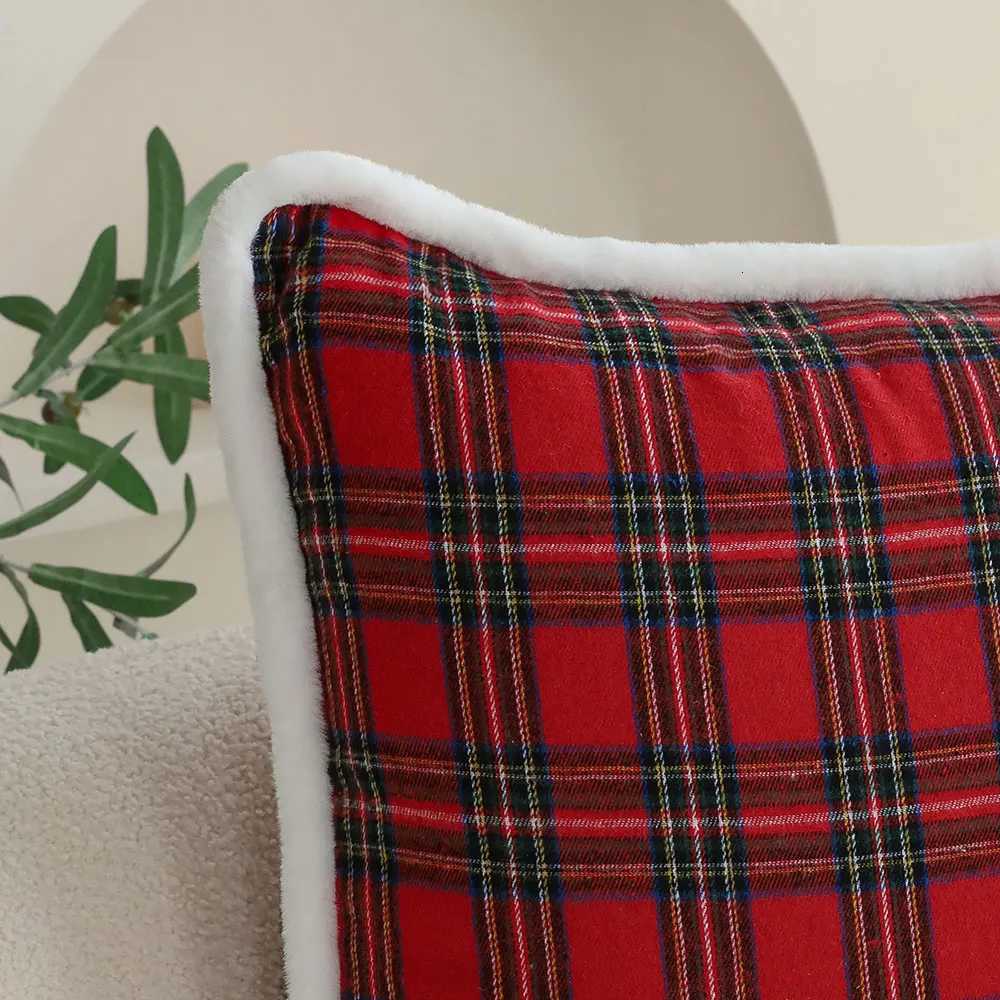 Pillow Case Christmas Red Plaid Decorative Cushion Cover White Plush Edge case for Living Room Sofa Bedroom Soft Cover Xmas C251120