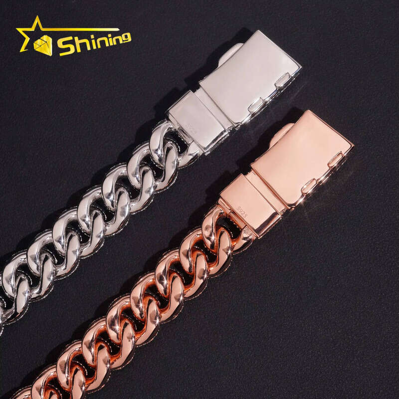Hip Hop Accessories Men's 15mm Rose Gold Mosaic Set Silicon Stone Sier Cuban Chain