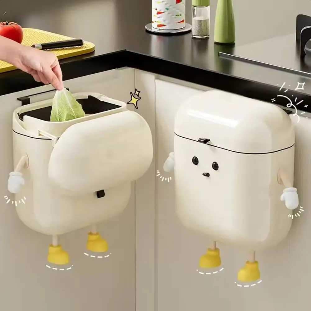 1pc Cute Cartoon Hanging Trash Can With Lid Large Capacity No-Drill Wall Mounted Waste Bin For Kitchen Bathroom C251120