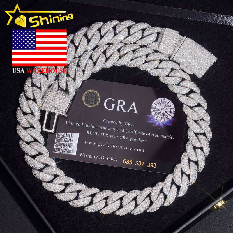 US Warehouse Fast Shipping 15mm Sterling Sier Hip Hop Jewelry Iced Moissanite Mosaic Inlaid Cuban Chain