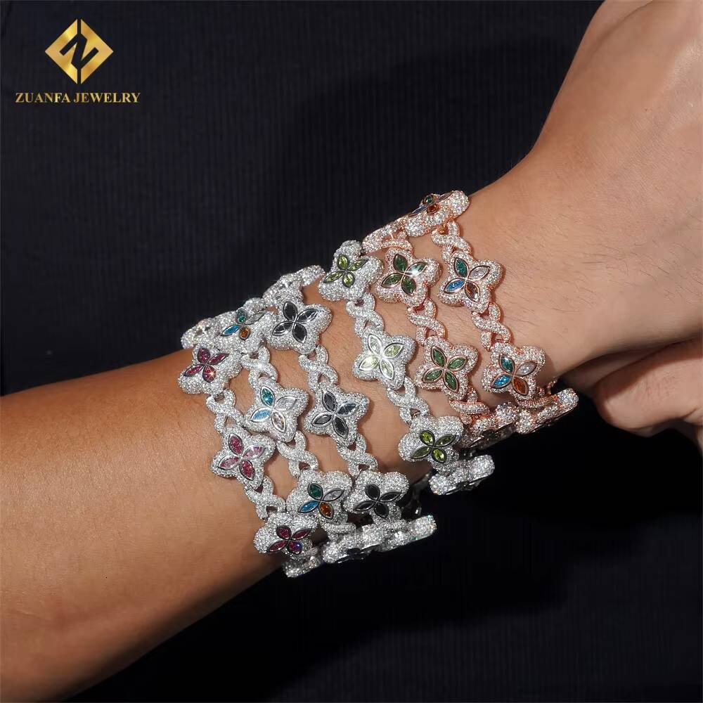 18mm High Quality Multi Color Marquise Diamond 925 Silver Jewelry Iced Out VVS Moissanite Lucky Four Leaf Clover Cuban Bracelet