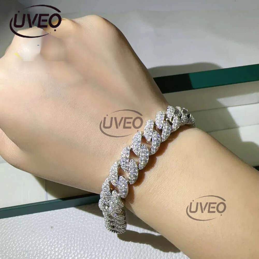 12mm Width Fashion Wholesale Price Sterg S Sier Iced Out Vvs Moissanite Dia Fine Hip Hop Jewelry Cuban k Chain Bracelet Men for Women