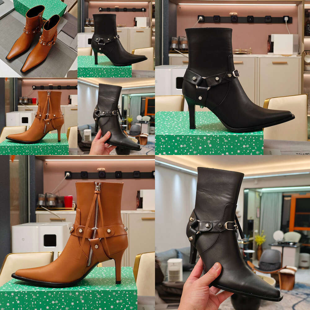 2025 new Luxury Designer bale Thin Heel Autumn and Winter Fashion Belt Buckle Decorative Zipper Ankle Boots women Top Cowhide Rivet Tassel Pointed Toe Women's Naked