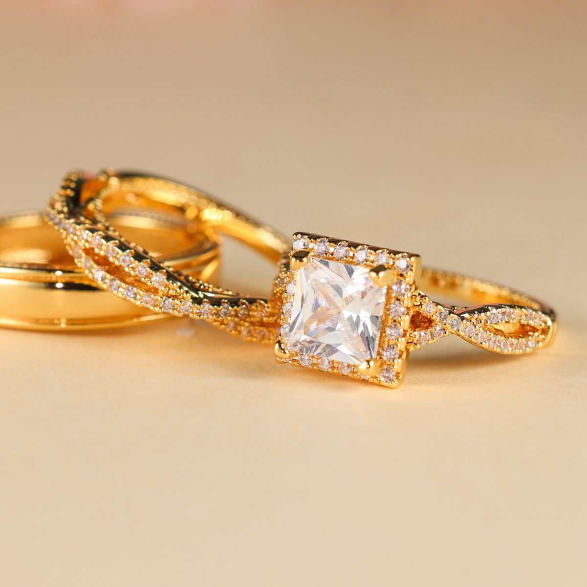 Rose gold 3-piece ring set with diamonds, cubic zirconias and full diamonds Men women couple rings High quality gold designer diamond ring engagement  - view 8