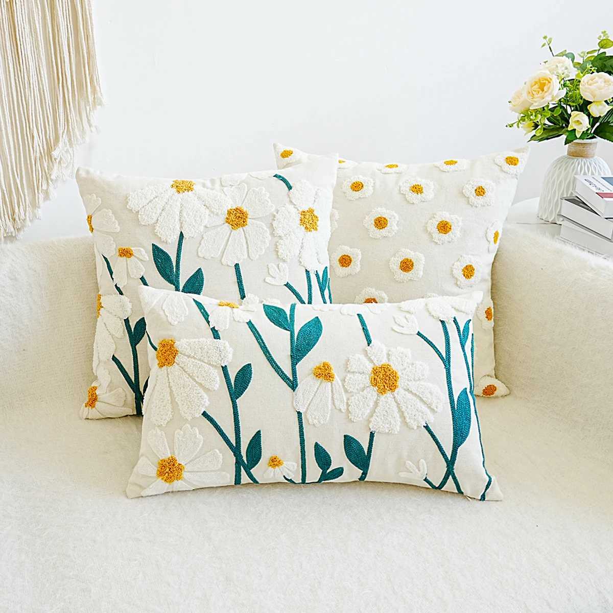 Pillow Case 1pc Daisy Floral Embroidered Throw Cover Cushion Case For Sofa Living Room Home Decor Without Insert C251120