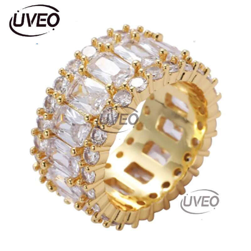 Hip Hop CZ Cubic Zircon Geometric Finger Ring Band Iced Out White Gold Bg Baguette Dia Rings for Women Men Boyfriend Valentine Birthday Jewelry Gifts