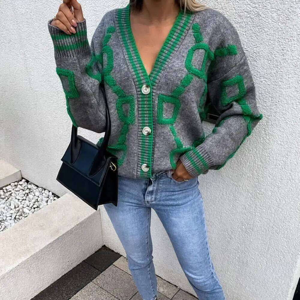 Women Cardigan Green Striped Pink Knit Button Lady Cardigans Sweaters V-Neck Loose Casual Autumn Winter Fashion Knitted Coat