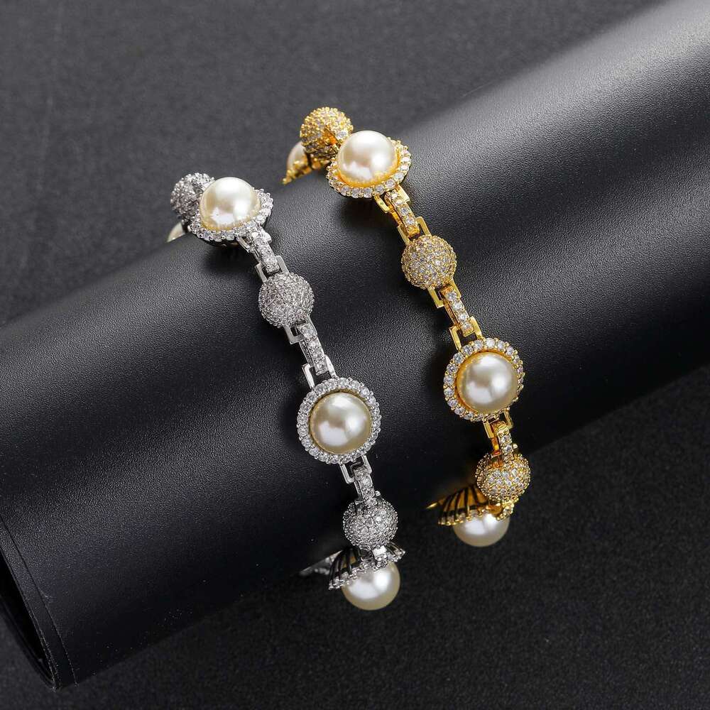 Luxury designer new pearl inlaid ice out VVS Moissanite, real gold, hip hop necklace bracelet for men and women Free delivery