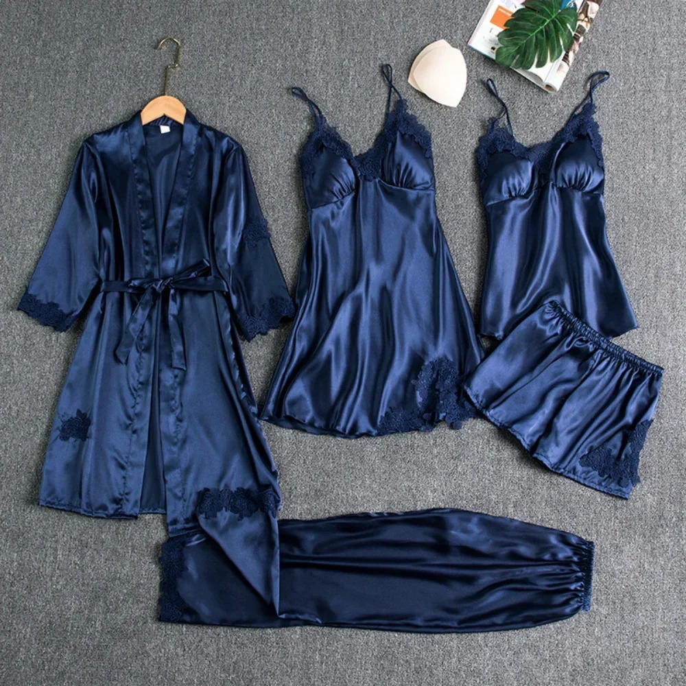 5-piece Ice Silk Robe pajama set for women with textured lace satin pajama dress V-neck casual clothing home sleepwear spring sleepwear 250418