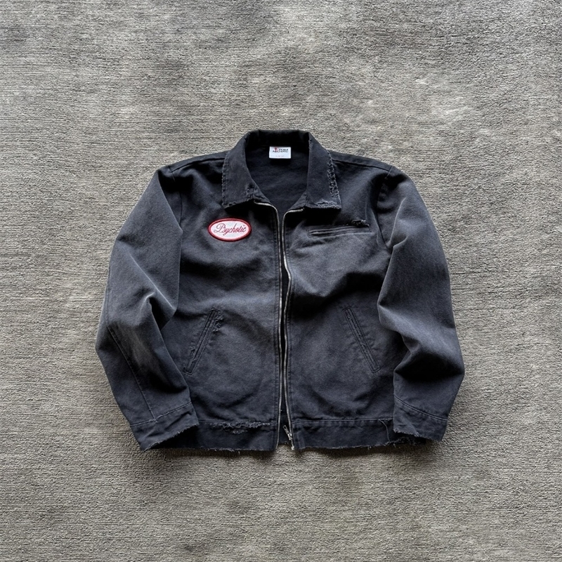 Retro Street y Zipper Jacket Classic Black Patch Fashion Casual Durable Cotton Fabric Daily Wear 250409