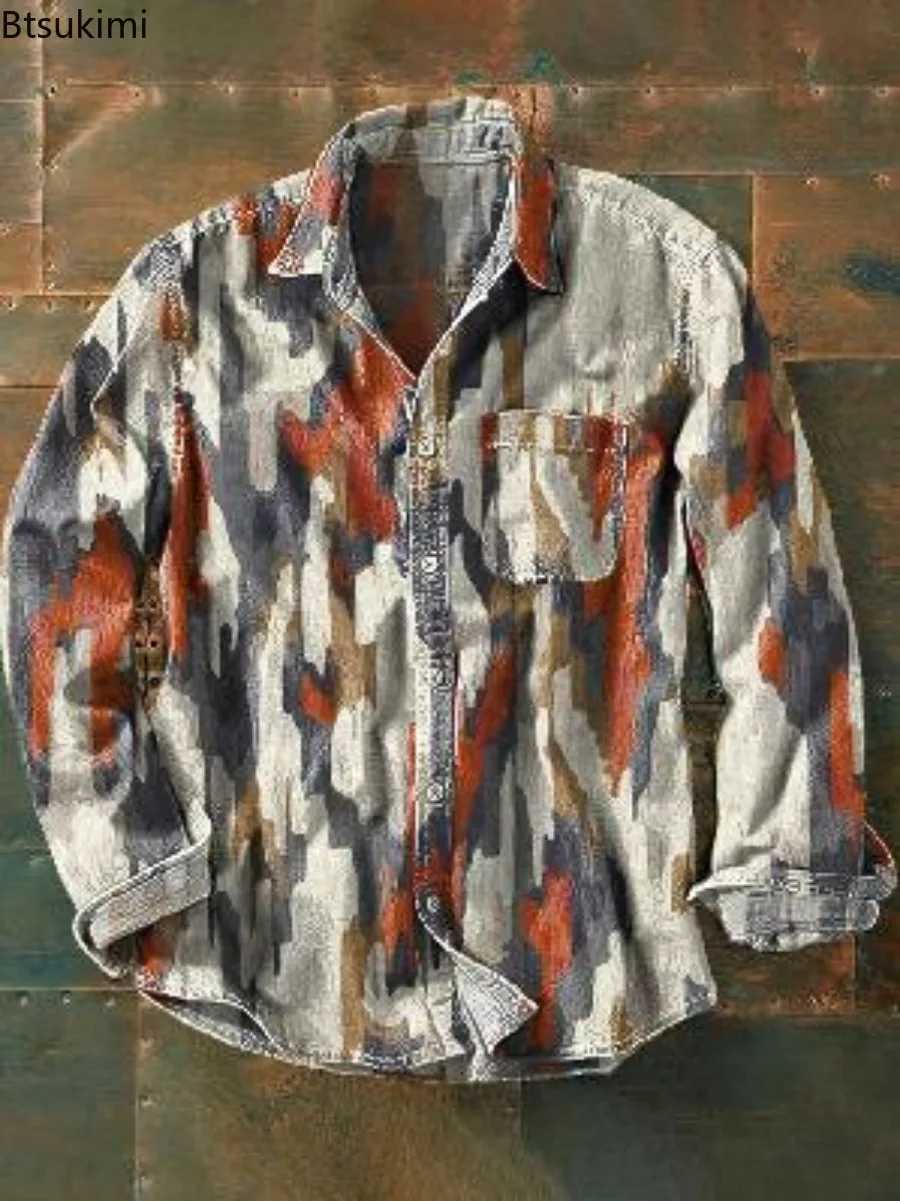 2025 New Mens Vintage Casual Shirts 3D Print Loose Casual Lapel Shirt Jackets Male Streetwear Spring Autumn Long Sleeve ShirtsM251120