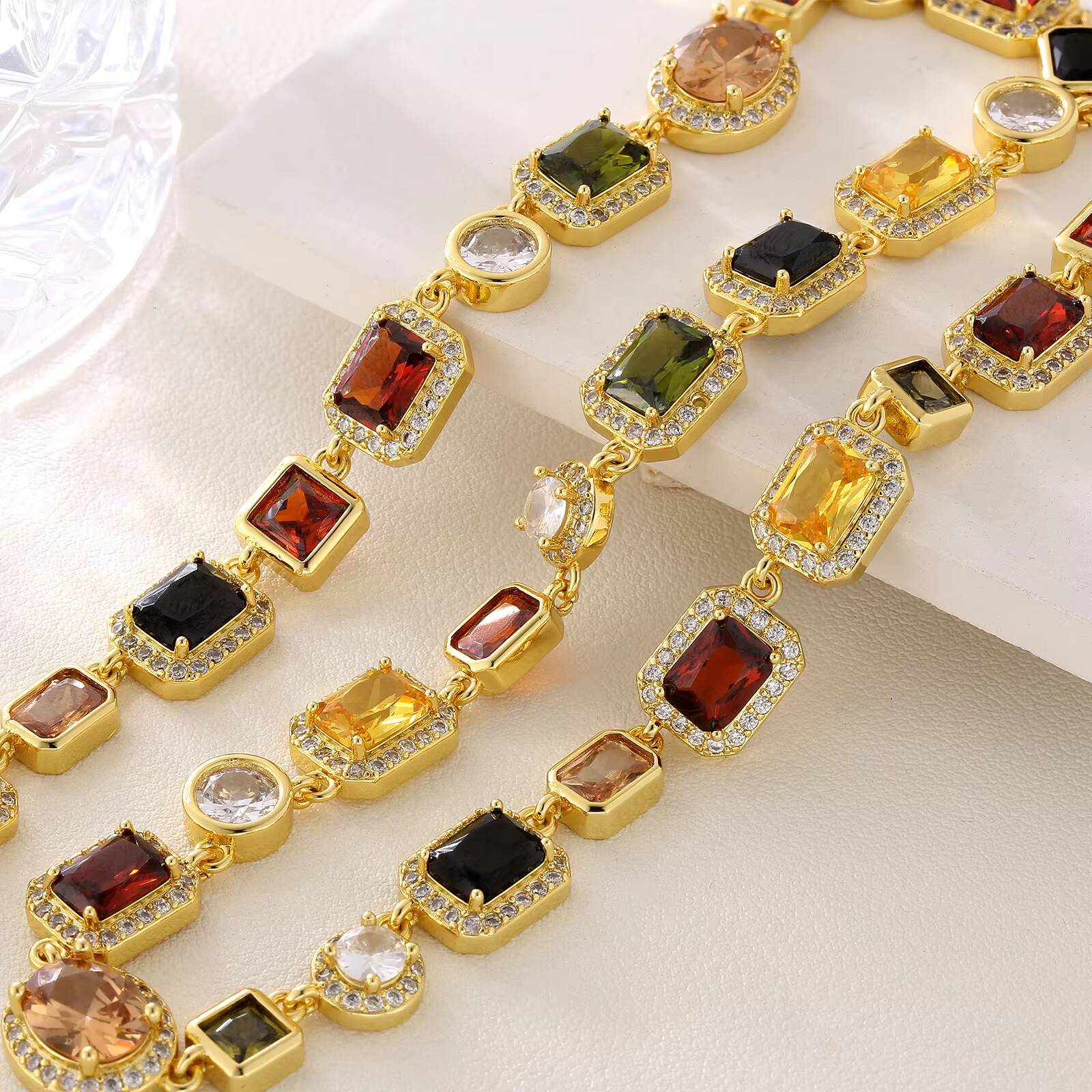 Sparkly Multi Gemstone Choker Chain 18K Real Gold Plated Brass Jewelry 10MM Colorful CZ Rainbow Gem Stone Necklace for Women Men