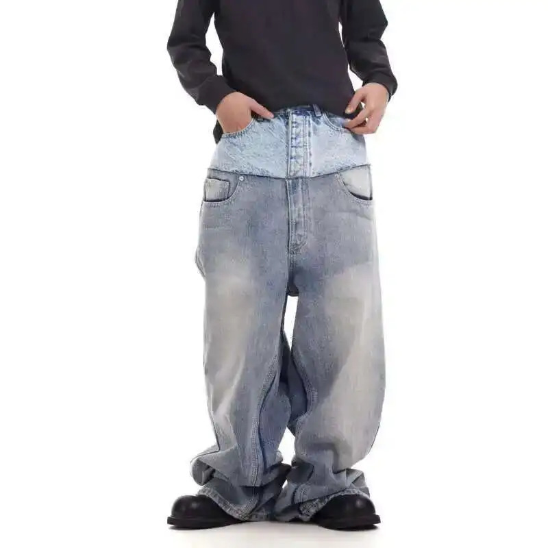 PFNW Niche Colorblock Patchwork Wide Leg Blue Jeans Mens Spring Straight Double Waist Denim Trousers 28W6048 251218