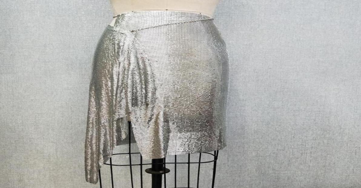 Skirts Sexy Club Silver Aluminum Sequin Metallic Asymmetric Metal Mesh Chainmail BirthdayParty Skirt7157137