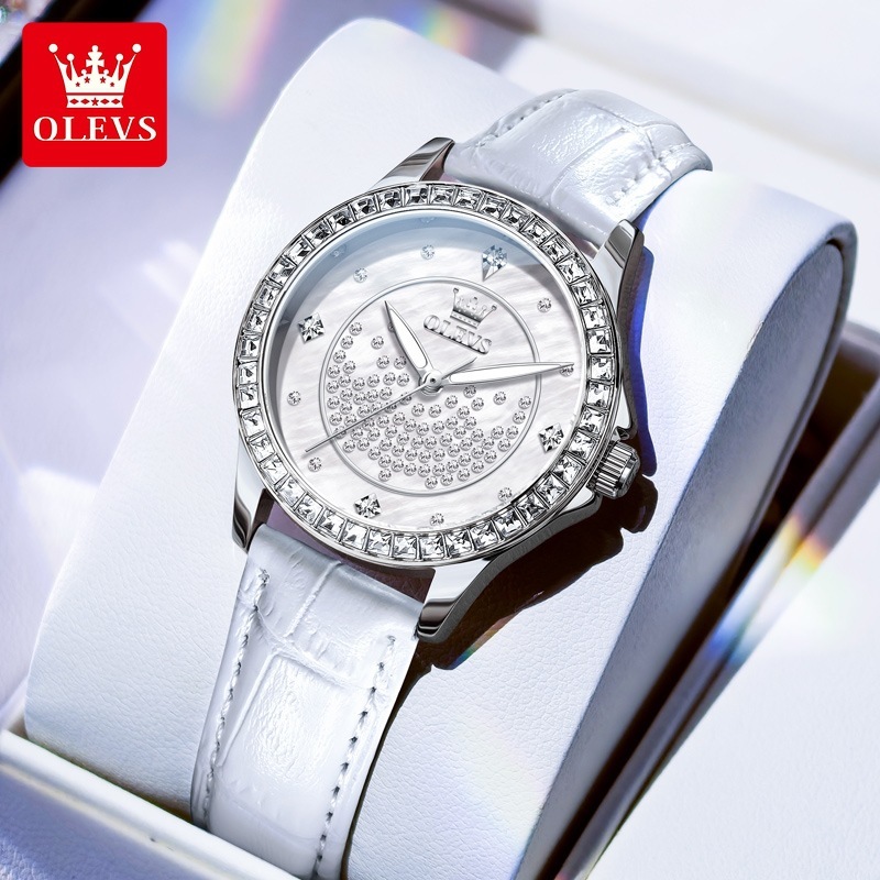 OLEVS Designer Women's Watches Starry Diamond Rings Leather Straps Luminous Waterproof Quartz Watches Luxury Women's Watches Free Delivery