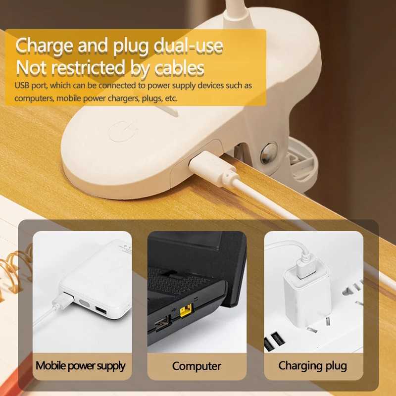 360 Flexible Study Table Lamp with Clip USB Dimmable Night Desk Lamp Rechargeable Night Light for Bedroom Study Reading Office M251120