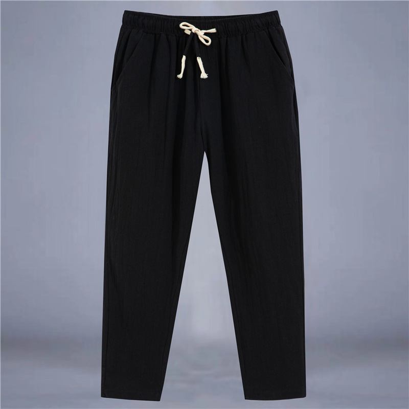 Summer Mens Thin Casual Linen Pants Trendy Youth Loose Fashion Solid Color Cotton and Hemp Haren Nine Part Pants 201031
