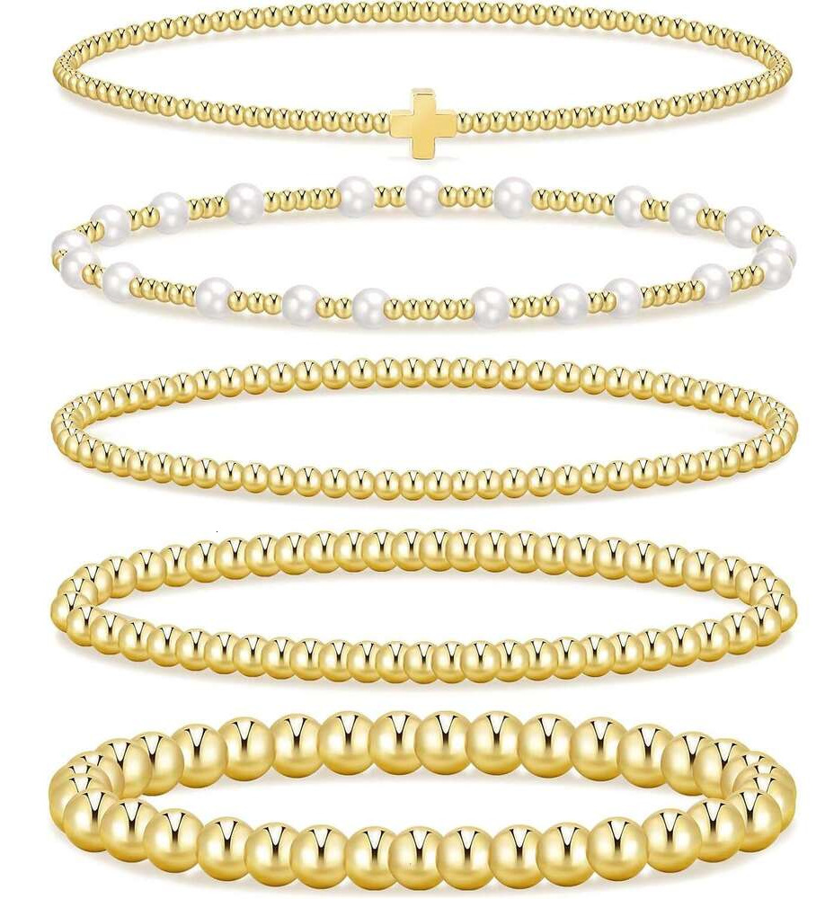 Beaded Women 14K Real Gold Plated Jewelry Dainty Pearl Bead Bracelets Stack Non Tarnish Trendy Stackable Ball Cross Stretch Bracelet Set Fashion Accessories