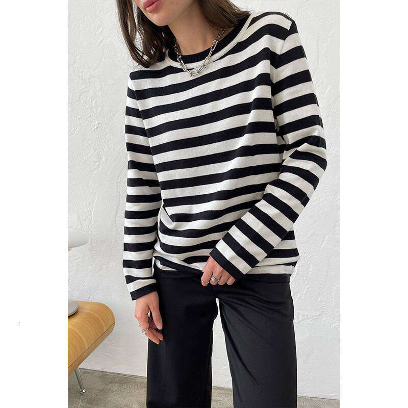 hoodie Women's Wear Round Neck Knitted Spring , Versatile Classic Striped Pullover Sweater For Women jacket