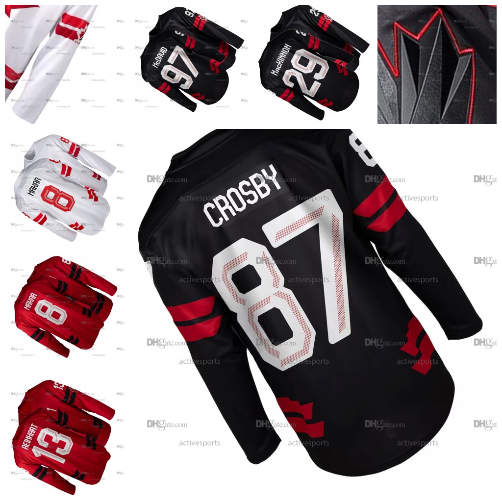 Custom 87 Crosby Team Canada Jerseys Makar MacKinnon Binnington Marchand Marner Konecny Stitched Name Number Hockey