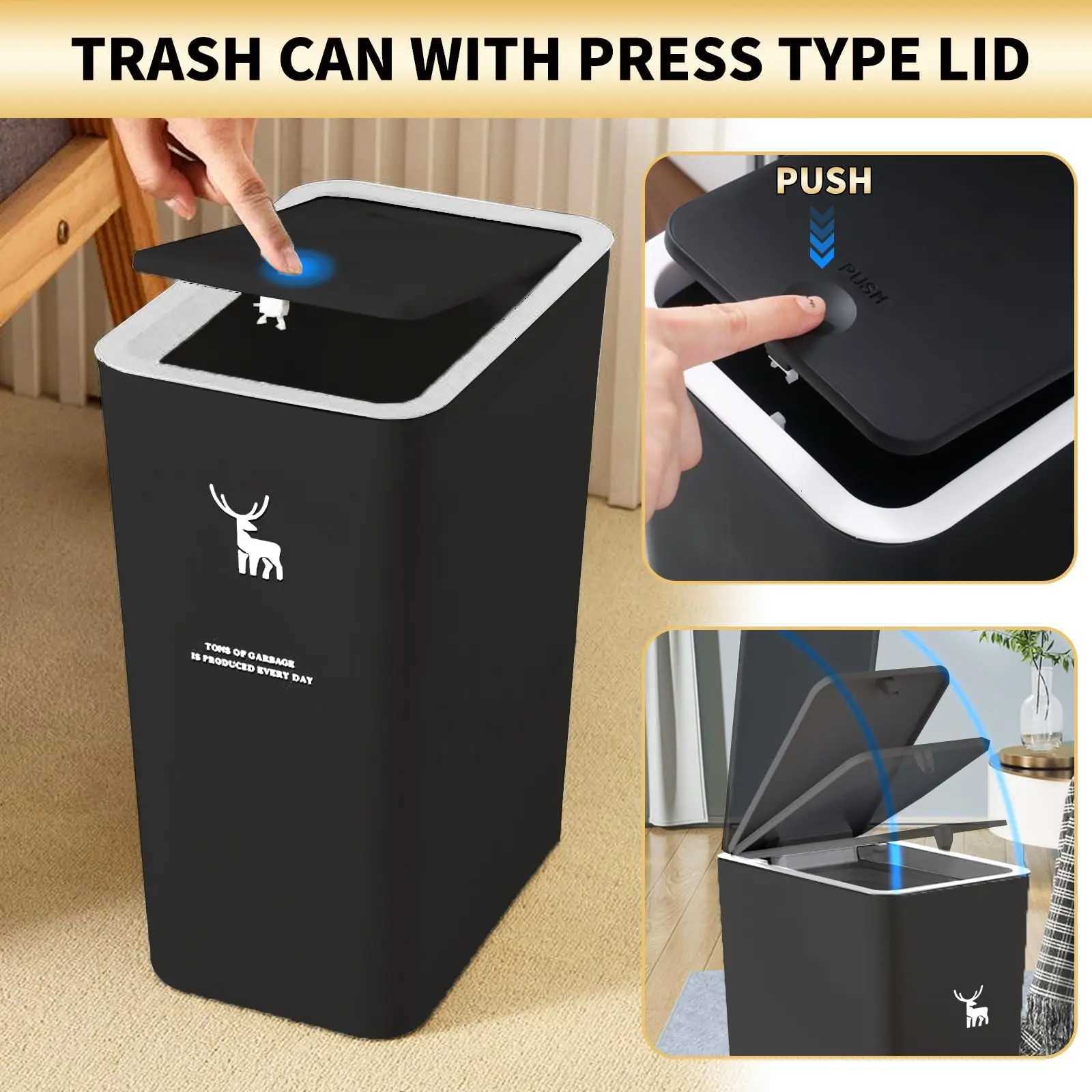 10L 15L Press-type Nordic Toilet Trash Can Household with Lid Kitchen ification Bathroom Living Room Rectangular Trash Can C2511202
