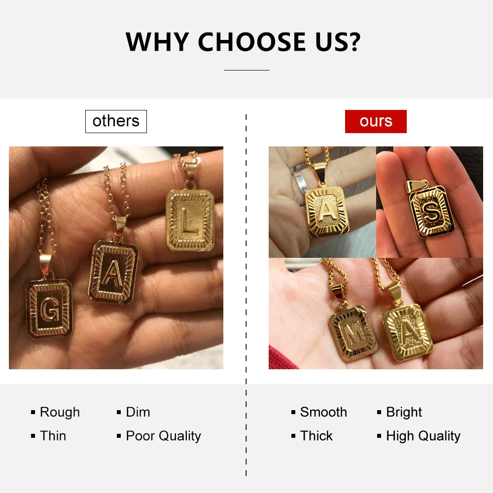 14K Gold Plated Stainless Steel Square 26 Letter Necklace for Men Women Initial Pendant with Box Chain