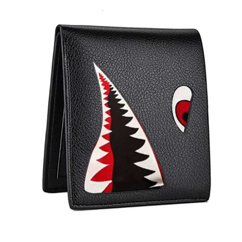 Mens Black Faux Leather Wallet with Shark Mouth Design Slim Credit Card Holder Coin Purse Multi-Color Pen Storage Perfect GiftW251120