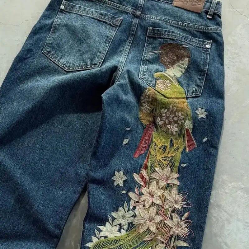 Women's Jeans Y2K Vintage Art Embroidery Unisex Retro Distressed Wide Leg Denim Pants Streetwear Casual Fashion Trousers Z260313