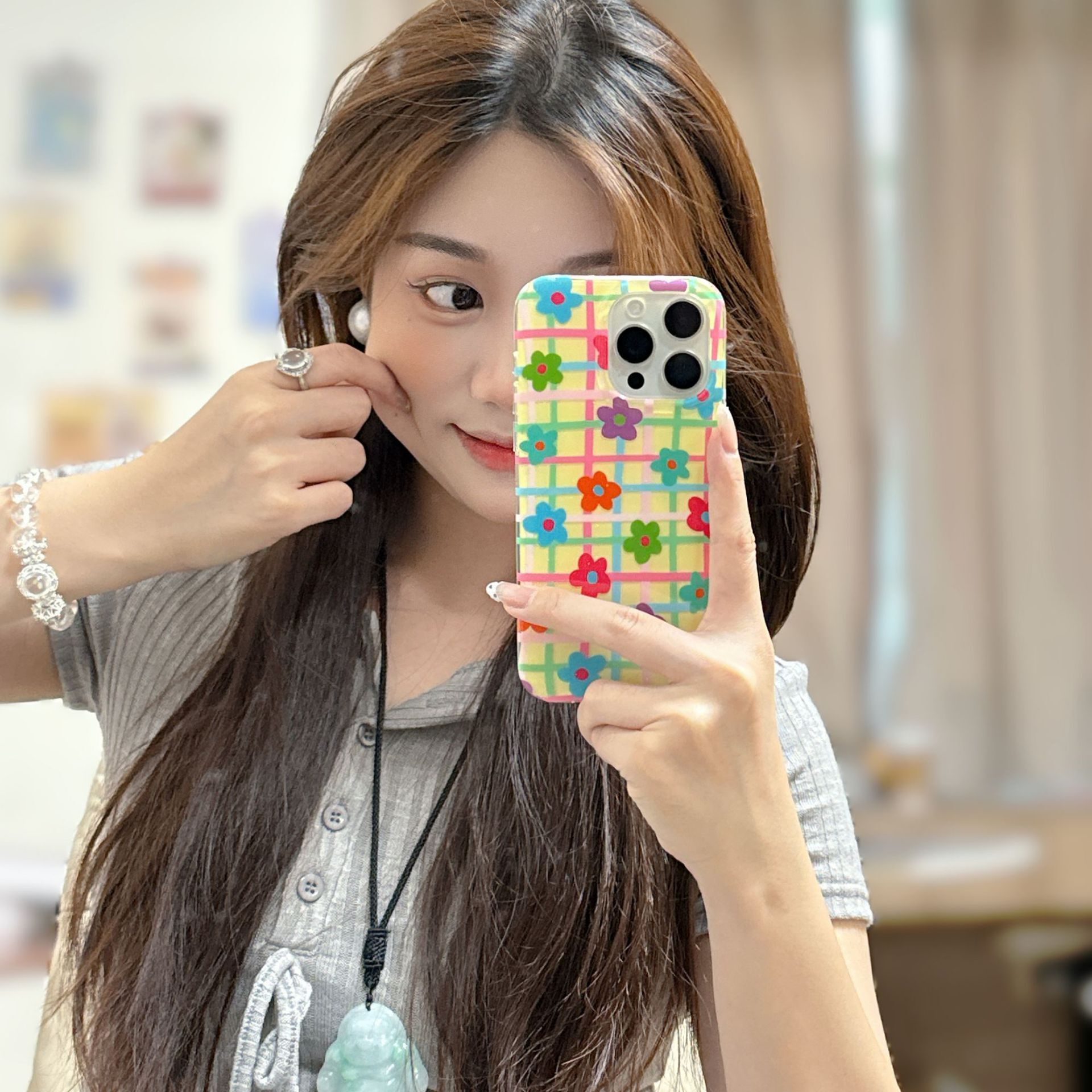 Colorful Plaid Flower Heart Phone Case Suitable iPhone 16/15 Pro Max INS Half Cover for iPhone 14/13 Pro