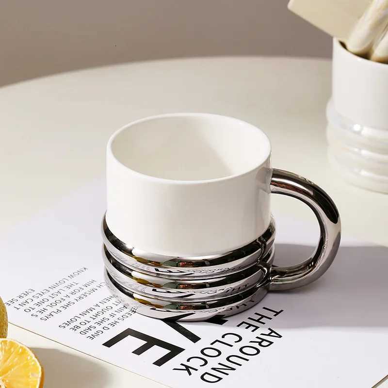 New INS Electroplated Silver Coffee Mugs With Saucer Tea Cup Water Drinking Cups Dessert Dish Breakfast Milk Mug With Tray T260428