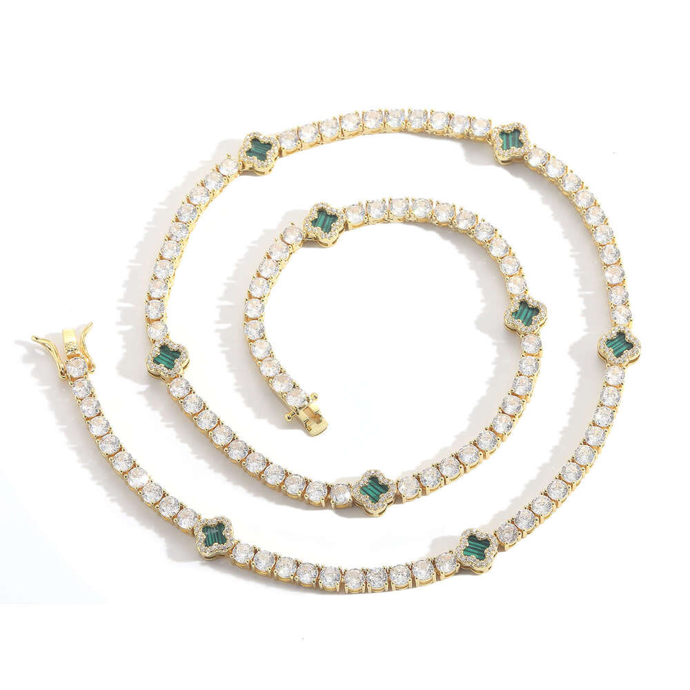 Luxury hip hop four-leaf clover set Ice out VVS Moissanite tennis necklace bracelet, men and women's collarbone chain Free delivery