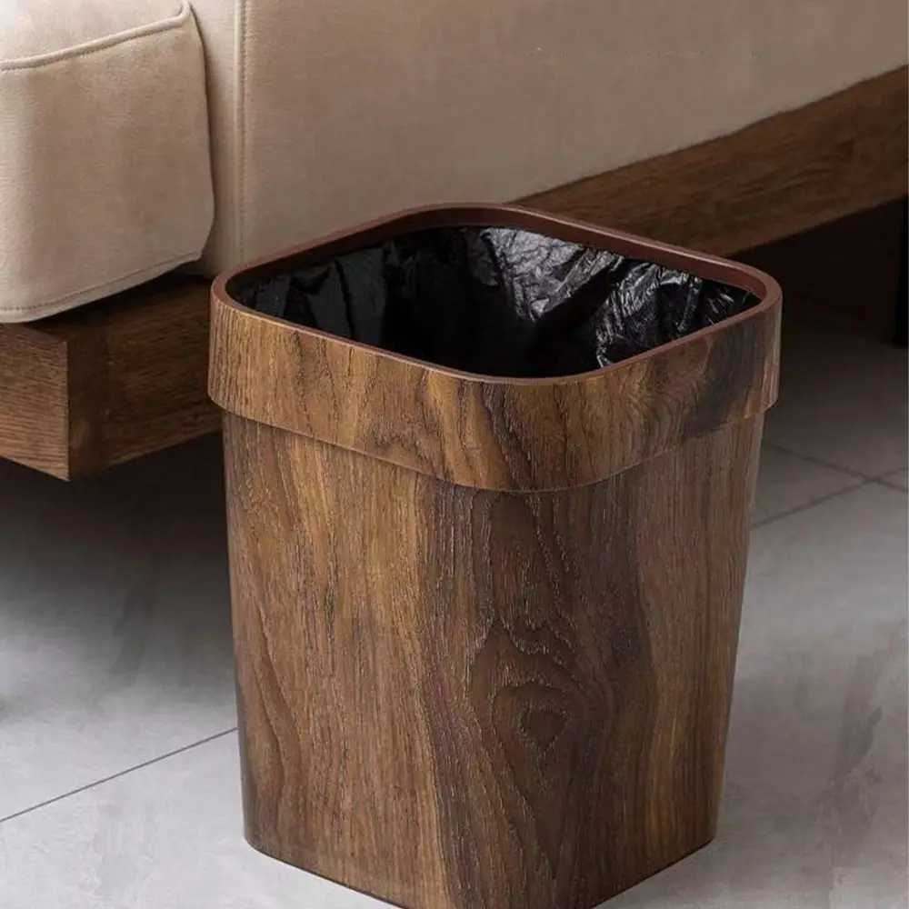 Square Wood Grain Trash Can Household Plastic Uncovered Office Bathroom Trash Can C251120