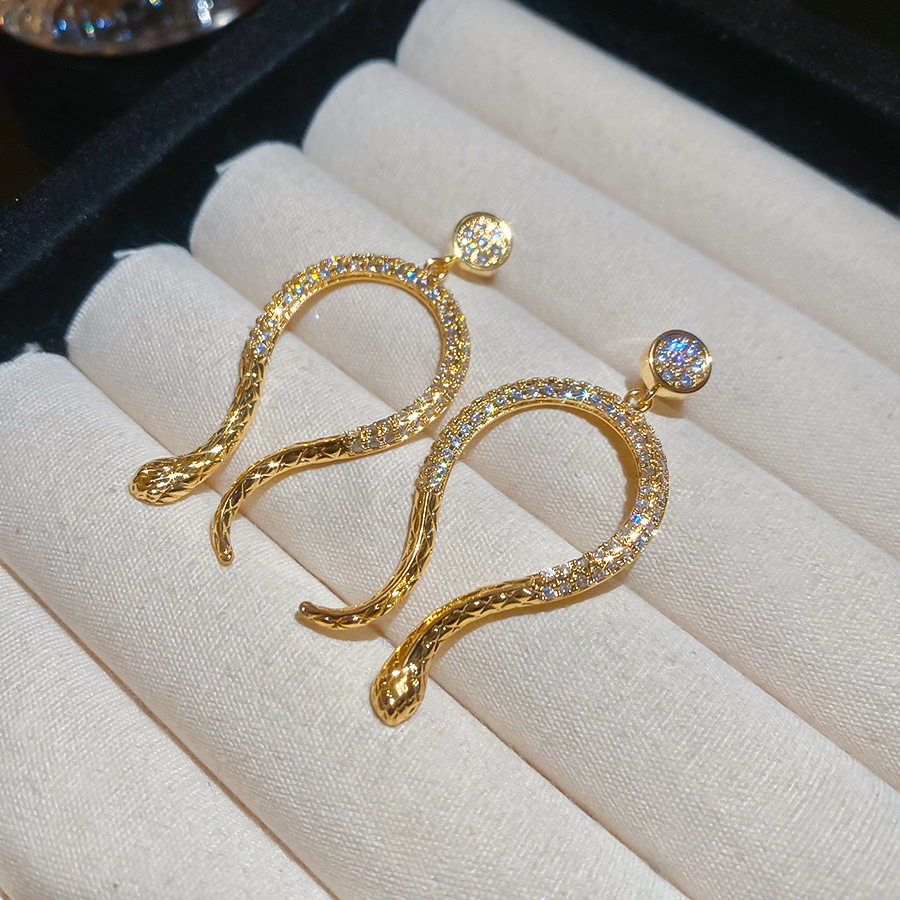 14k Real Gold Plated Zircon Snake Light Luxury High-end European and American Cross-border Exaggerated Retro Earrings for Women - view 5
