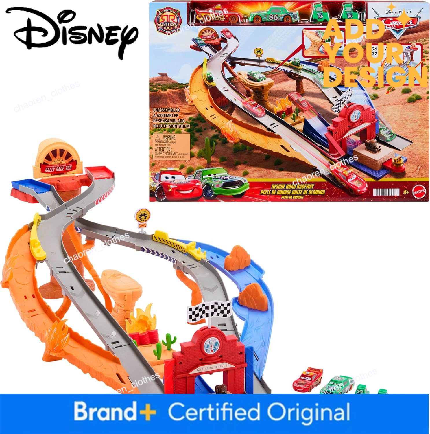 custom Mattel Disney and Pixar Cars Toy Playset, Lightning McQueen Chicks Hicks Pitty Crew Vehicles, 2 Ways to Race, Race & Rescue Road Raceway